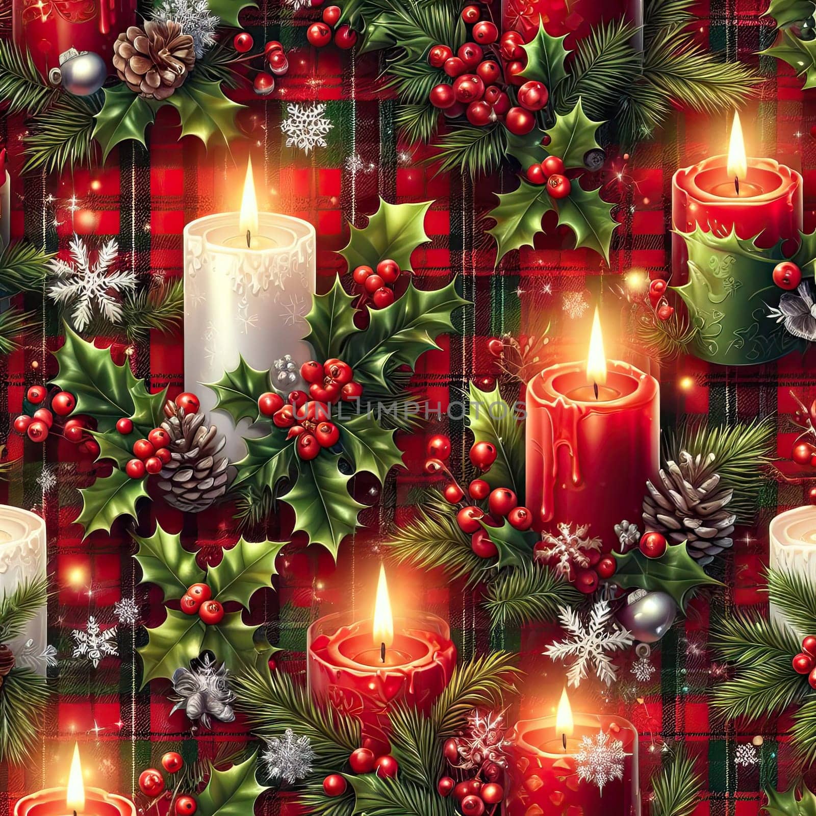 candles and ornaments christmas background or wrapping paper