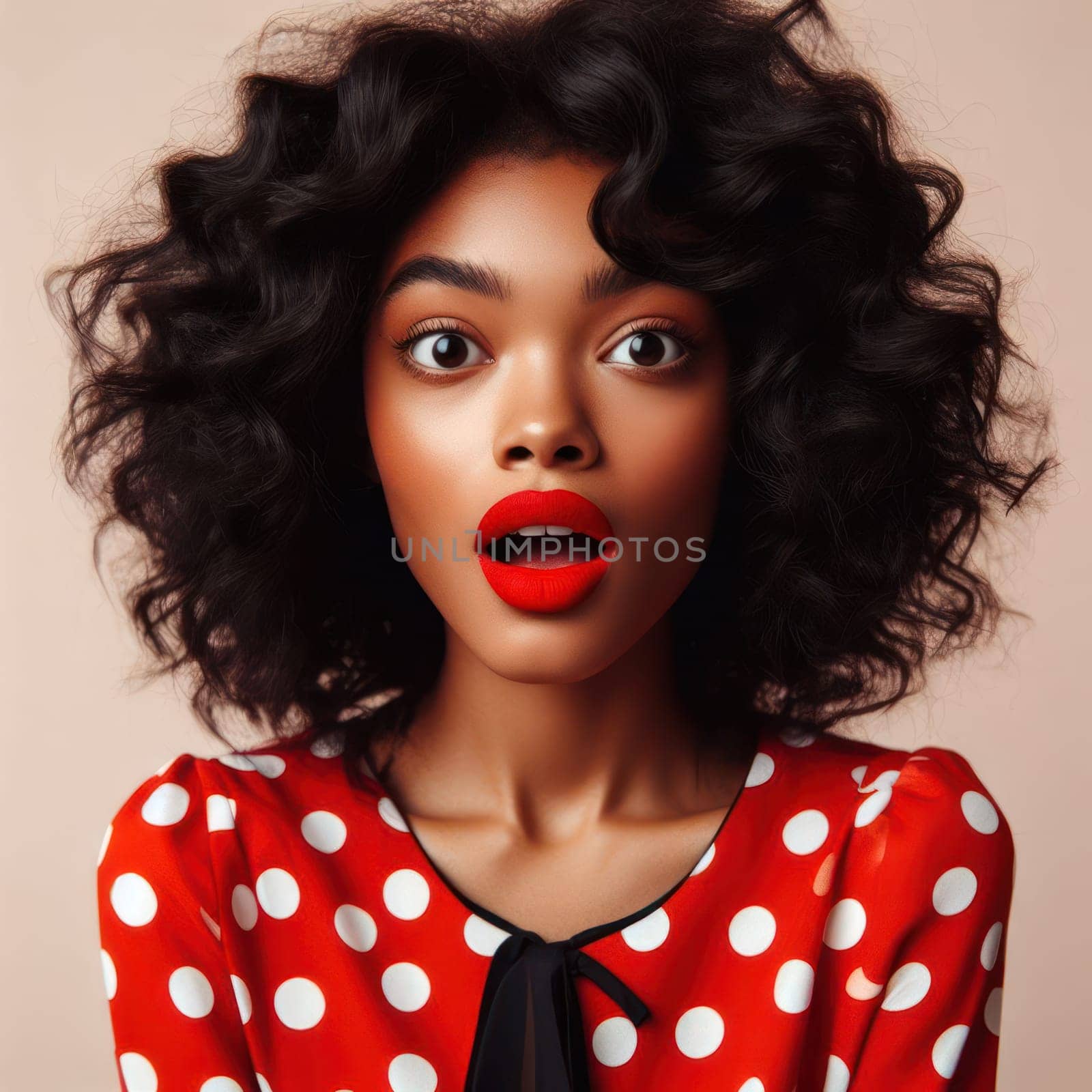 pretty woman in a spotted dress and bright lipstick is surprised generative ai