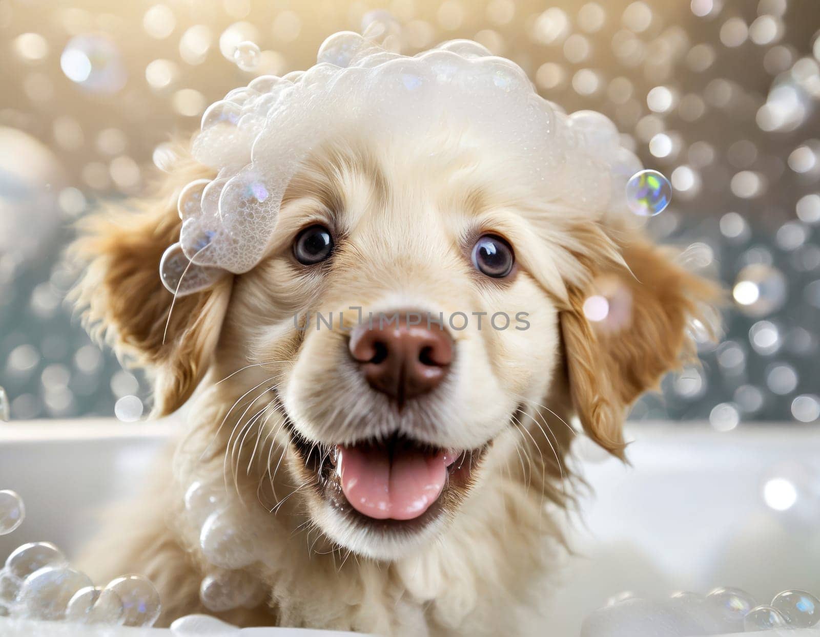 golden retreiver puppy is happy in the bubble bath generative ai