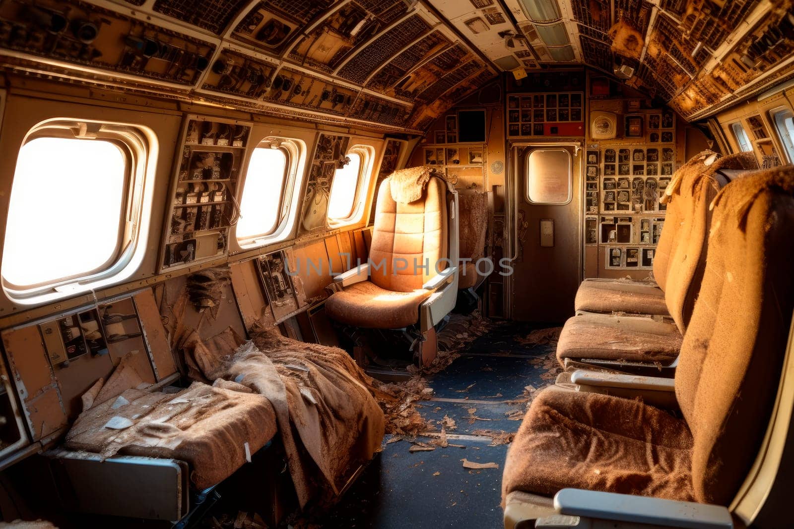 Inside of old abandoned passenger airplane. Cabin of an abandoned aircraft. AI generated