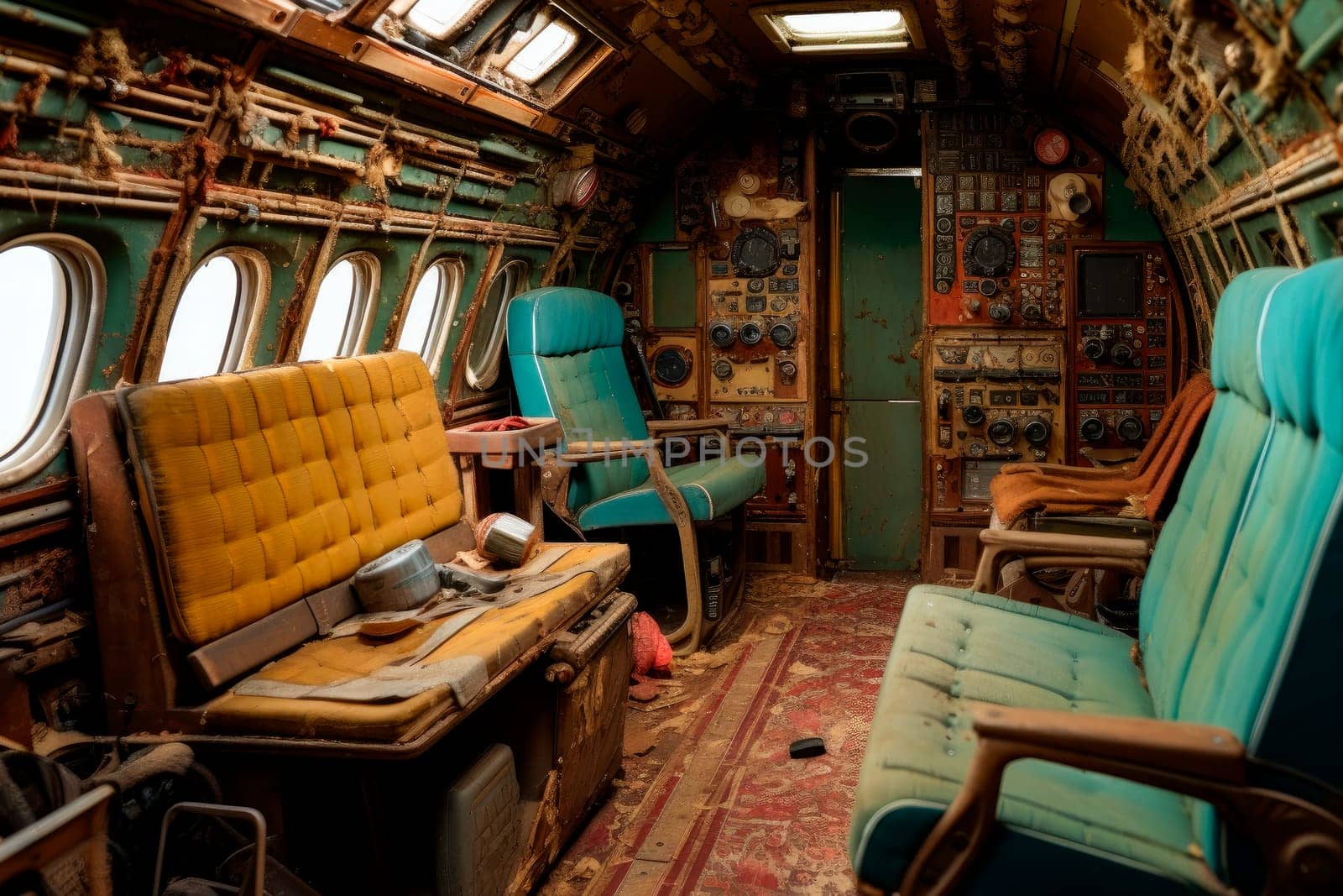 Inside of old abandoned passenger airplane. Cabin of an abandoned aircraft. AI generated