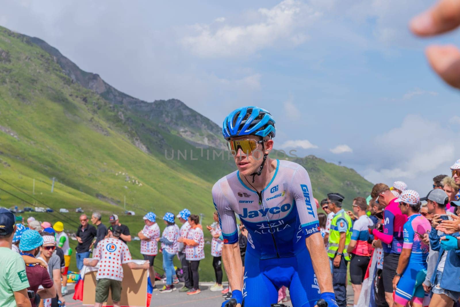 Col du Tourmalet, France - July 06 2023: Lawson Craddock climbig the road to Col du Tourmalet in Pyerenees mountains during the stage 6 of Le Tour de France 2023.