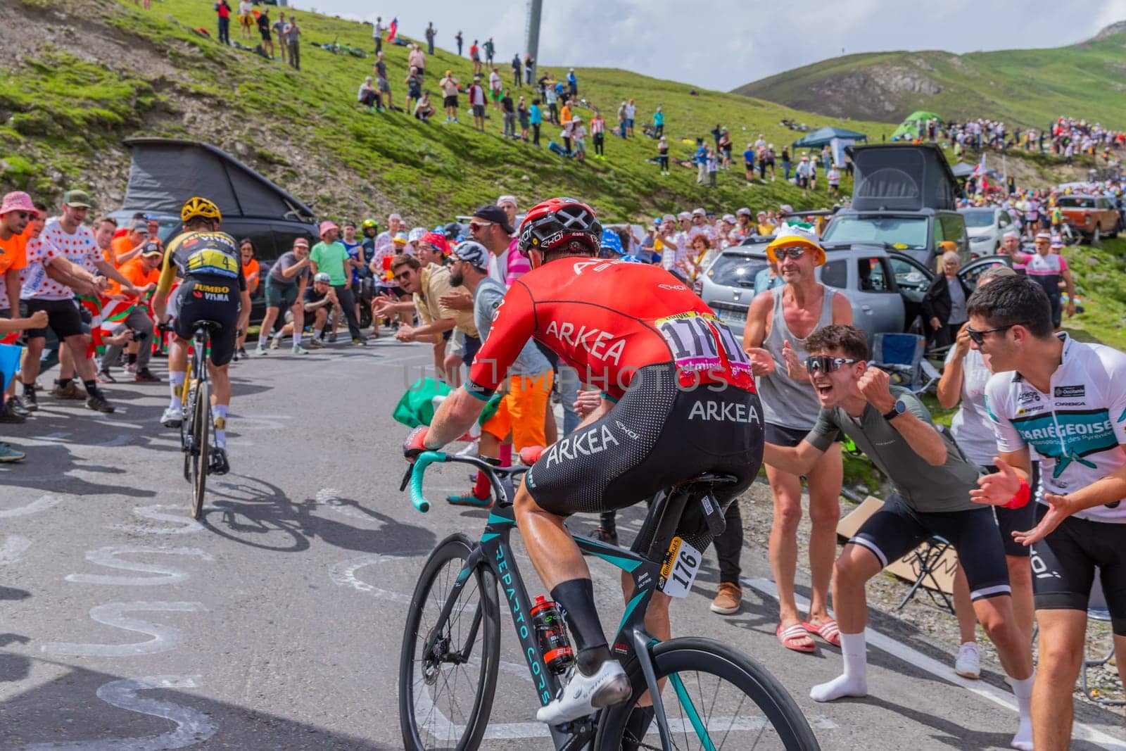 Col du Tourmalet, France - July 06 2023: Matis Louvel climbig the road to Col du Tourmalet in Pyerenees mountains during the stage 6 of Le Tour de France 2023.