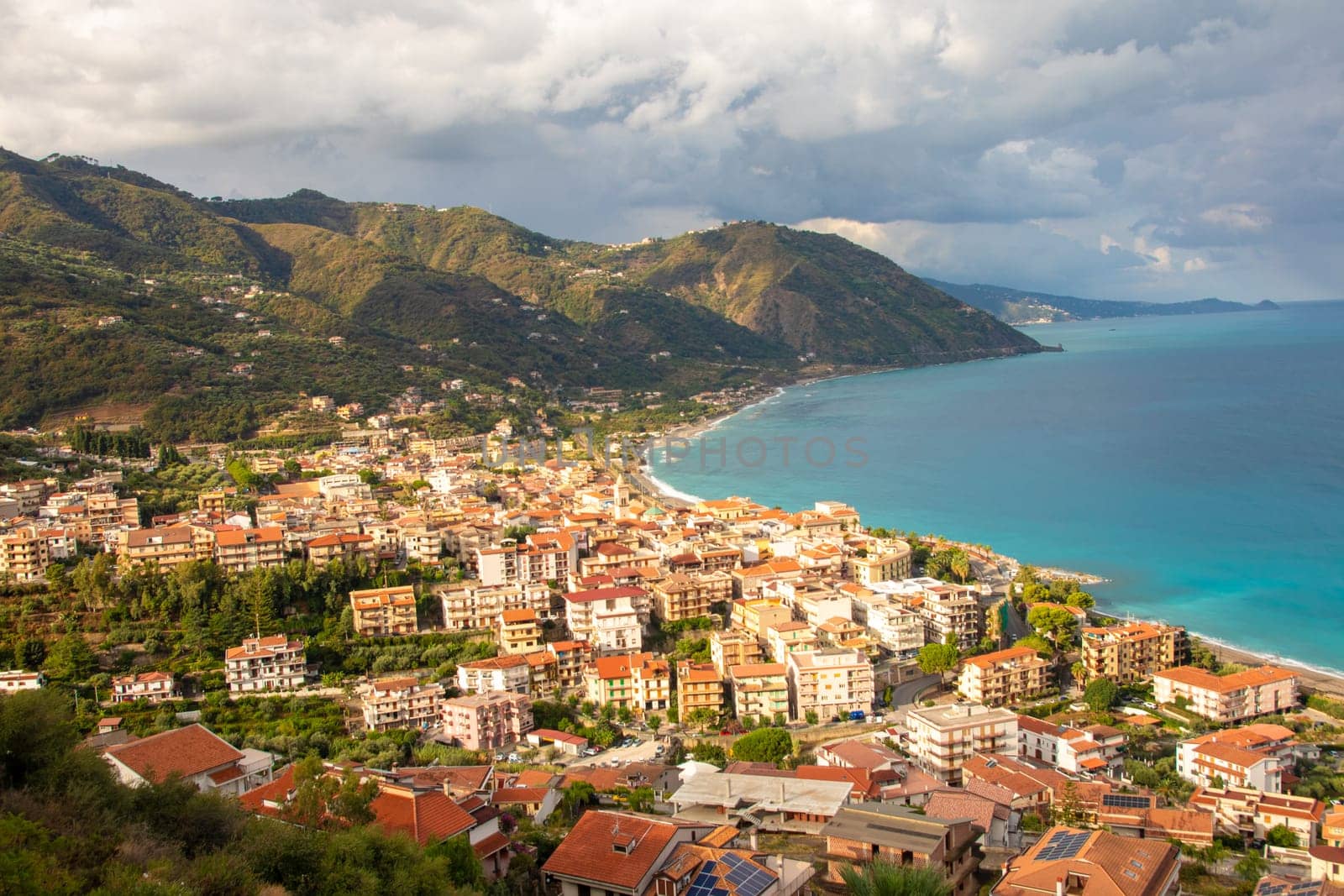 Gioiosa Marea, Sicily, Italy – 26 Sep 2023. Panoramic view of the town and the bay of Gioiosa Marea in the province of Messina.