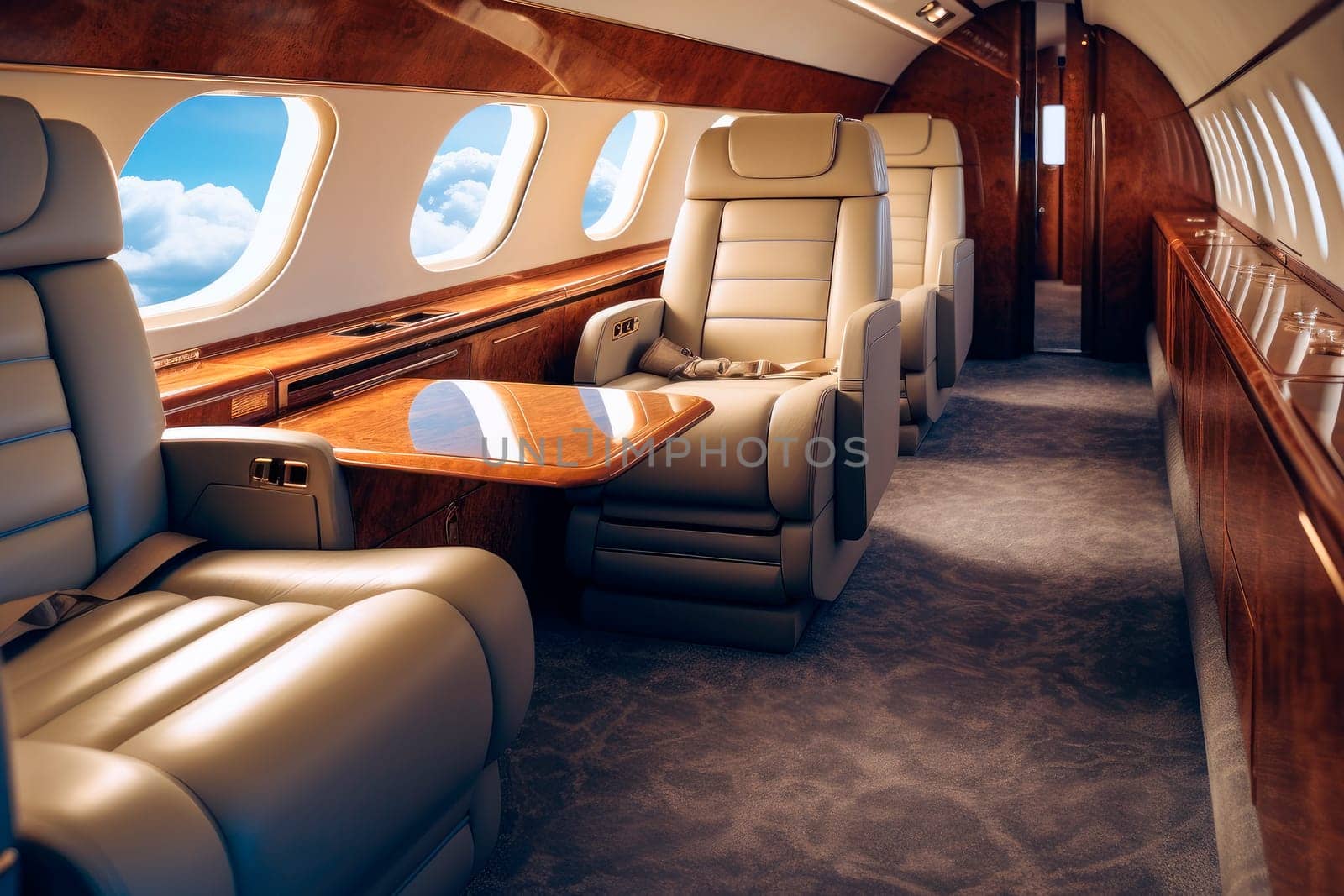 Interiors inside a luxury private business jet. Luxury interior in bright colors of genuine leather in the business jet. AI generated
