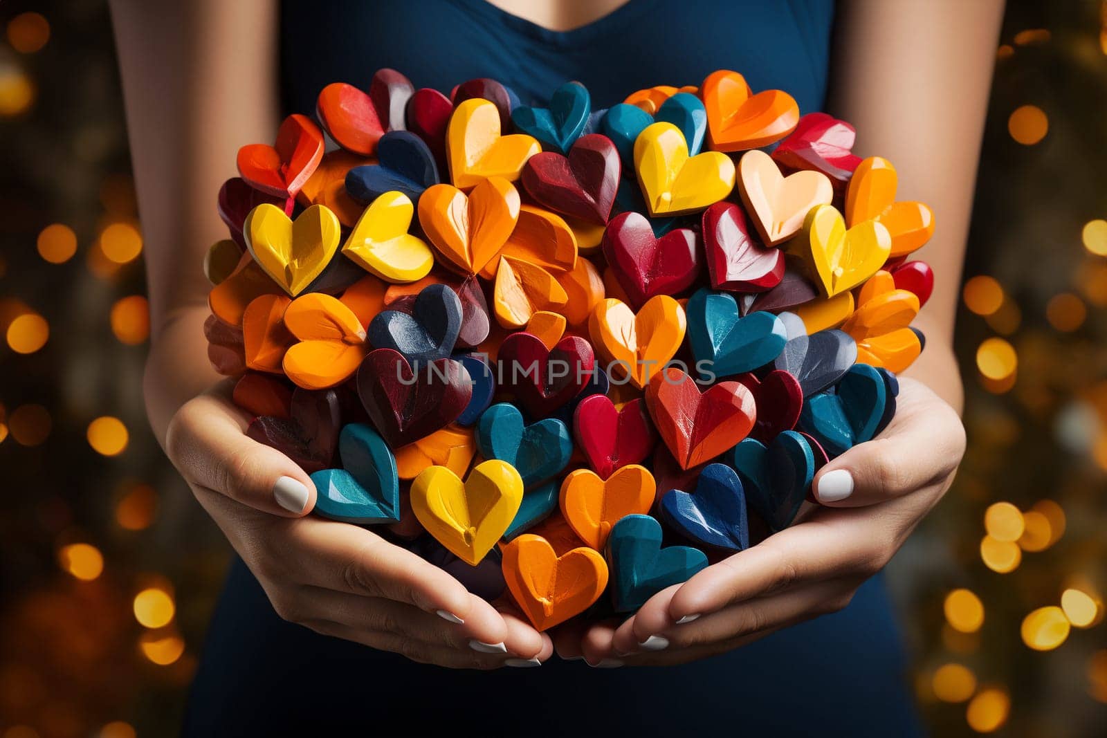 Holding colorful hearts in the hand, volenteer and humanitarian help concept, charity and friendship, support and love