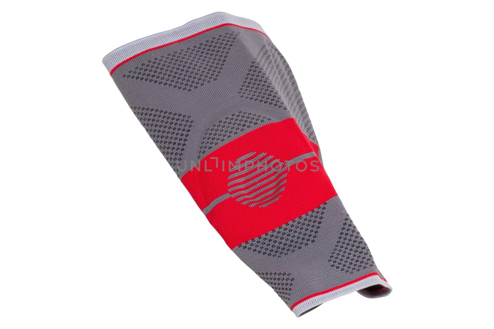 Knee pads isolated. Close-up of a red gray sports elastic knee pad or bandage to fixing and supporting joints. Clipping path. Volleyball, jogging, running or Fitnesstraining.