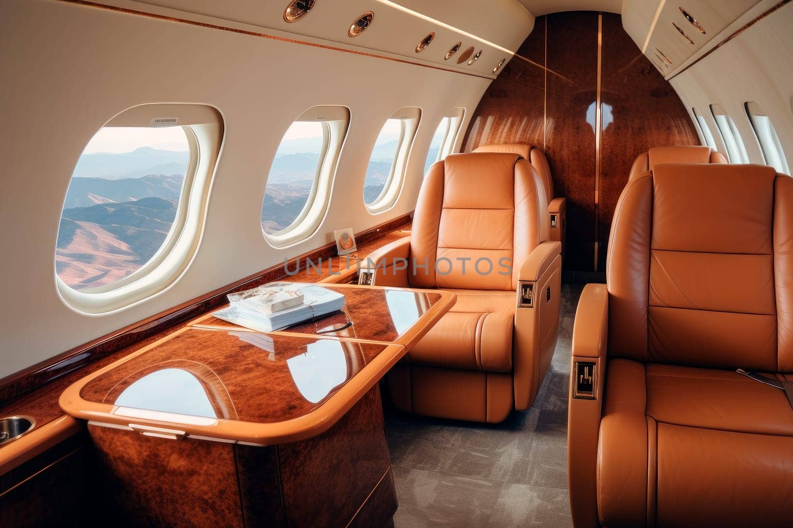 Interiors inside a luxury private business jet. Luxury interior in bright colors of genuine leather in the business jet. AI generated