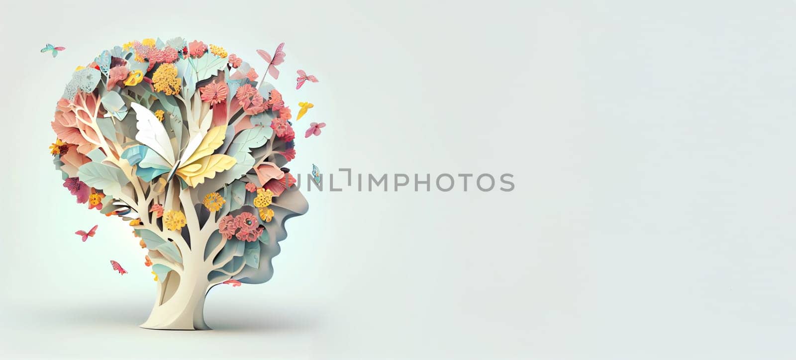 Human brain with flowers and butterflies, self care and mental health concept, positive thinking, creative mind