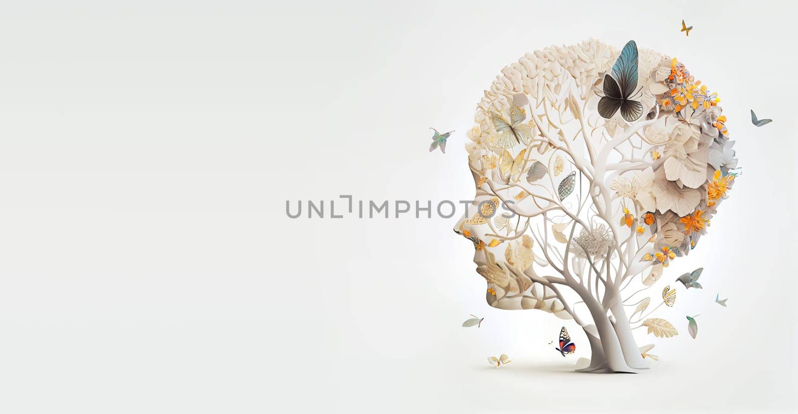 Human brain with flowers and butterflies, self care and mental health concept, positive thinking, creative mind