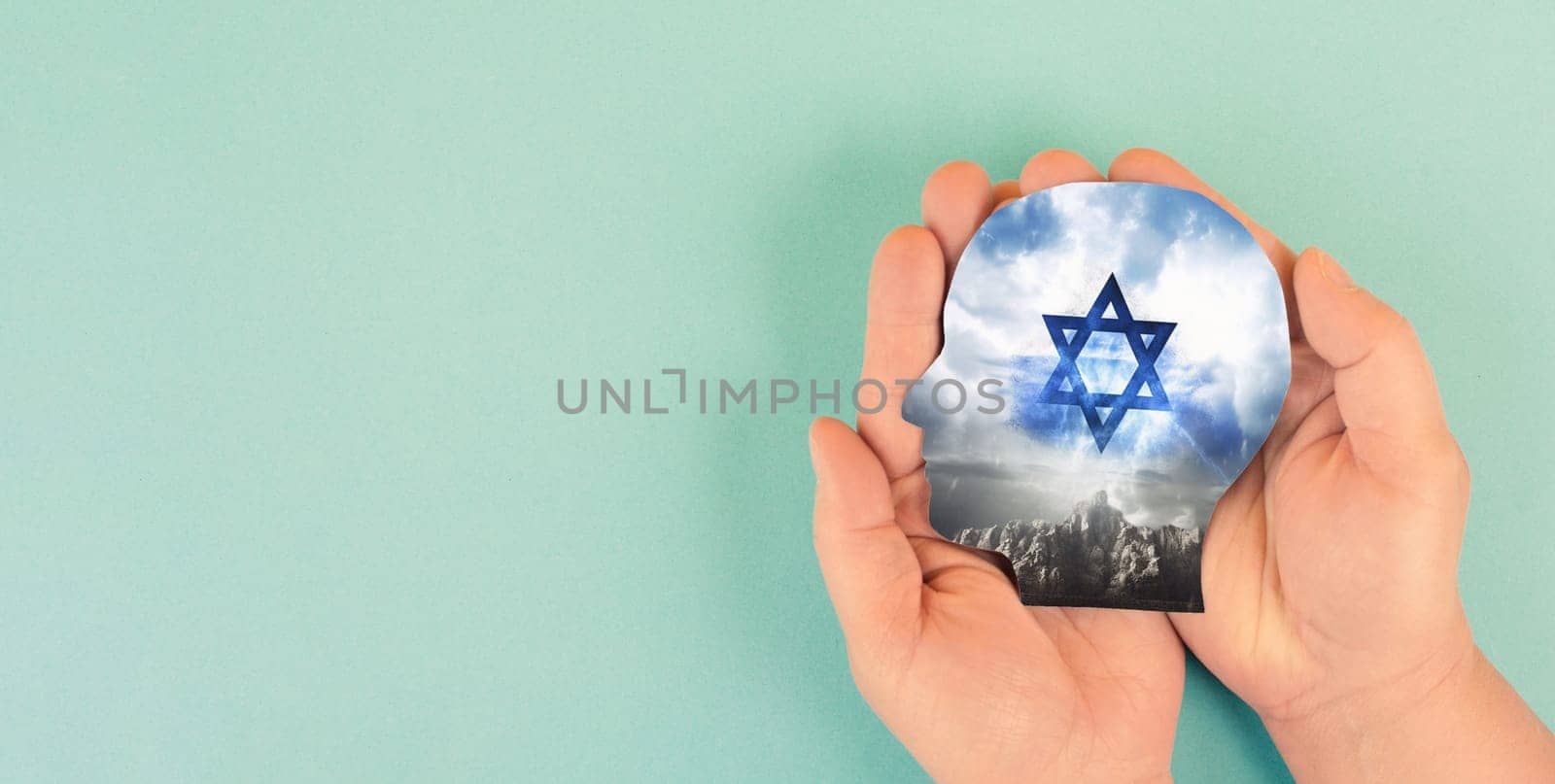 Holding face with flag of Israel, Star of David, war between jewish and palestinians, protection of jews