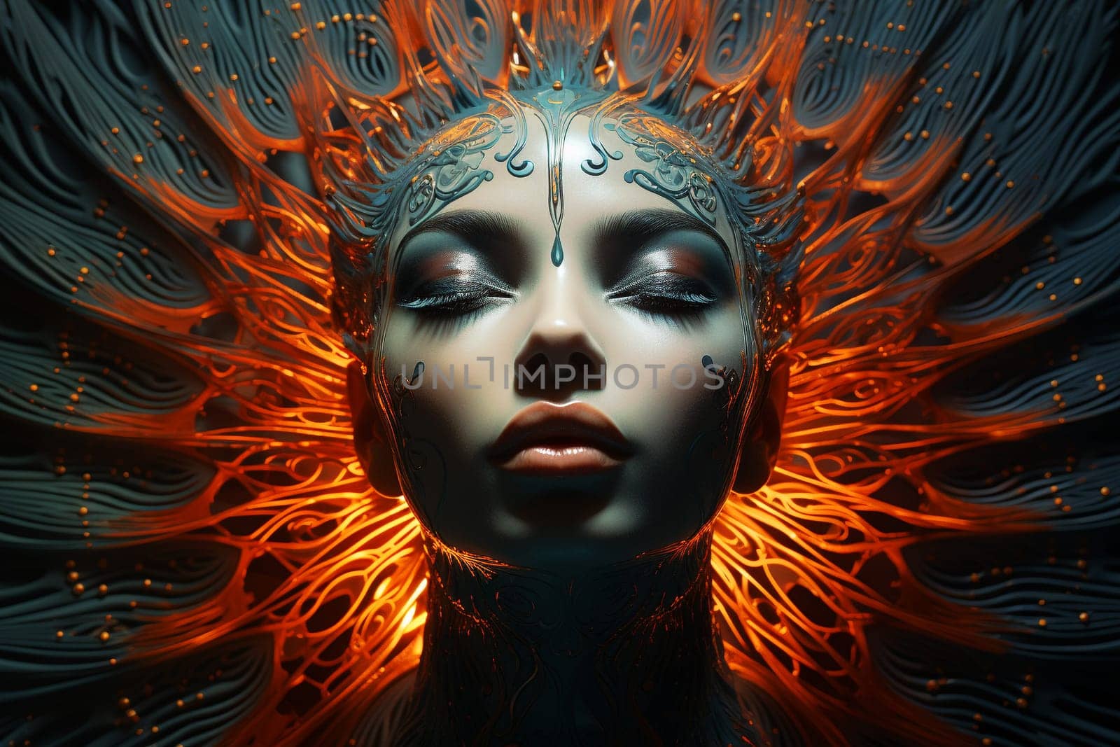 Woman on fire of light, consciousnes of mind, burnout and stress, hypnosis and manipulation, mental health