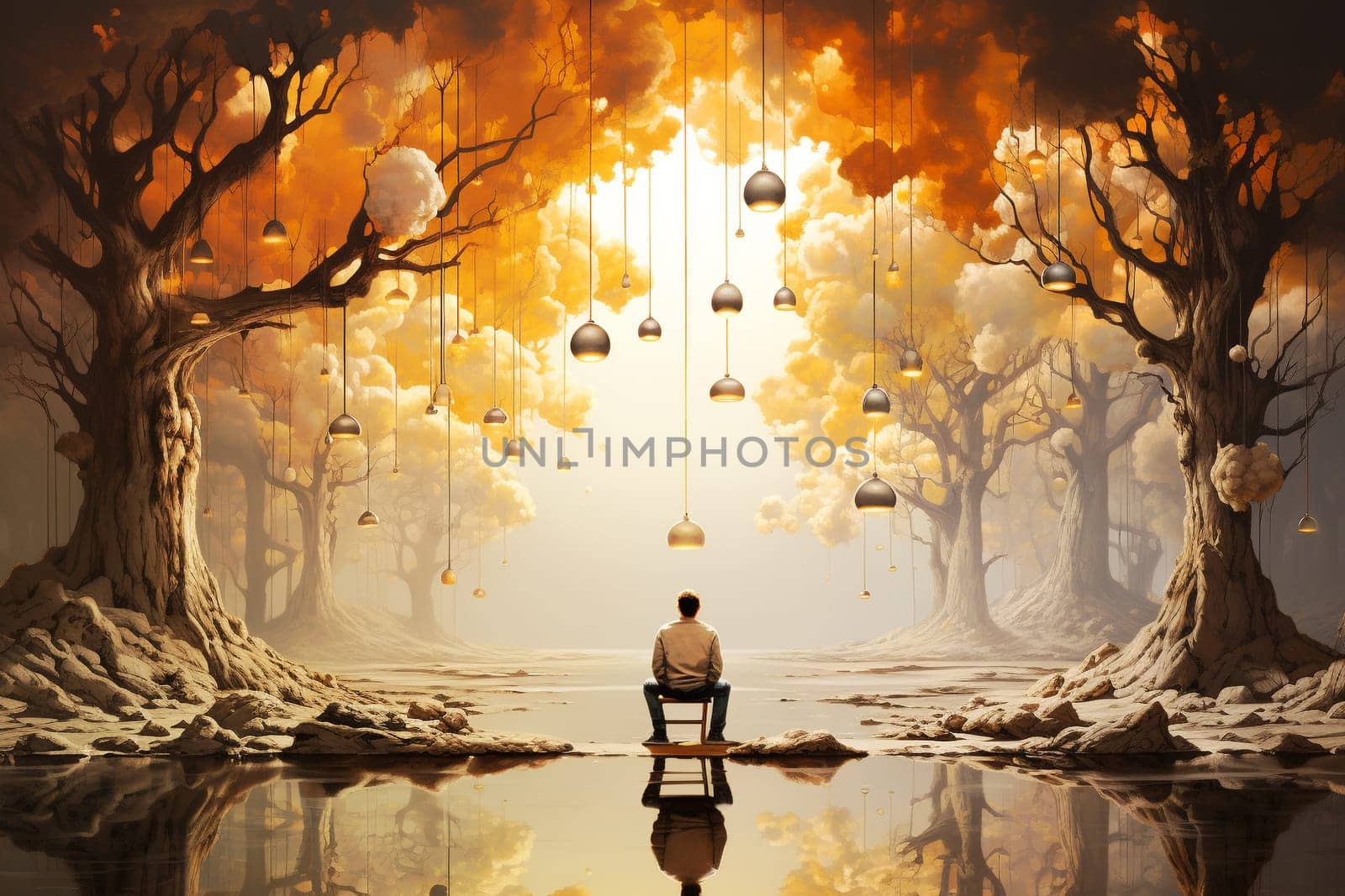Man surrounded by many light bulbs in nature, spirituality, explosion of ideas, brainstorming for solutions, open mind for discovery