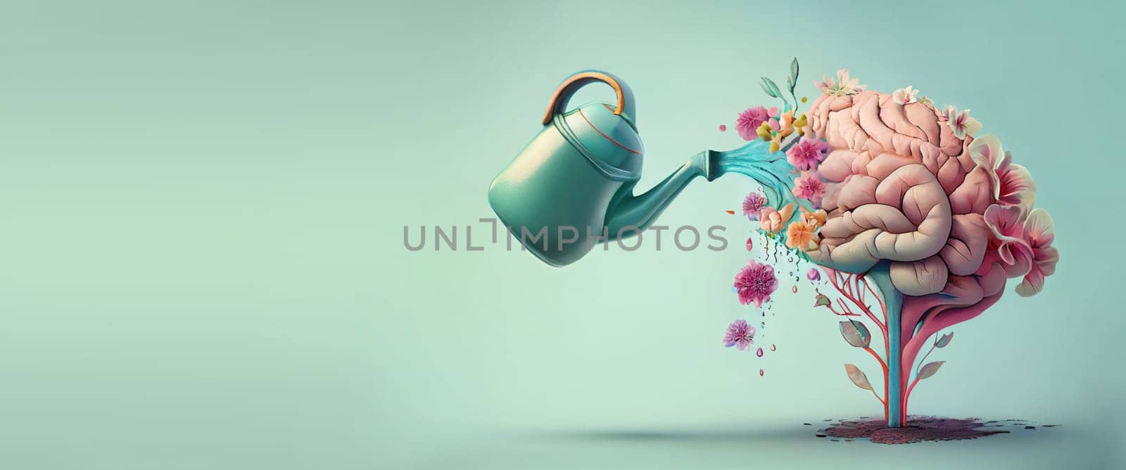 Human brain growing from a flower, watering can is pouring water on the mind, mental health concept, positive attitude, creative thinking