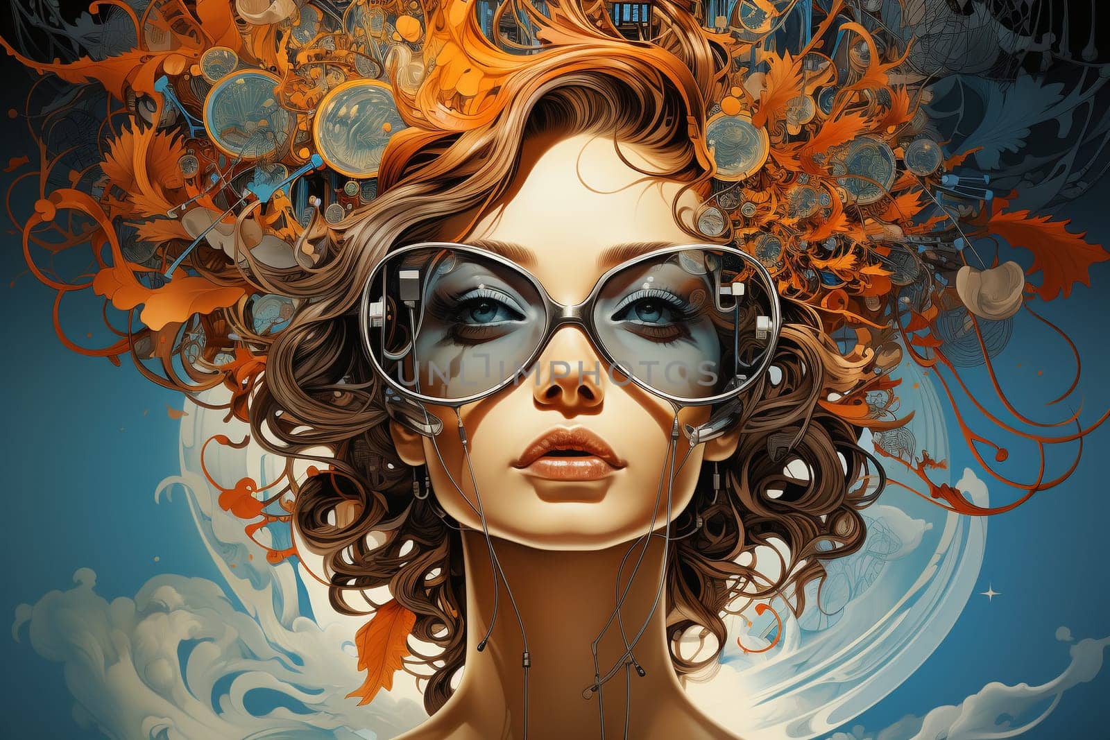 Woman with creative mind, exploding brain full of ideas and imagination, dreams and emotion, inner world and spirituality