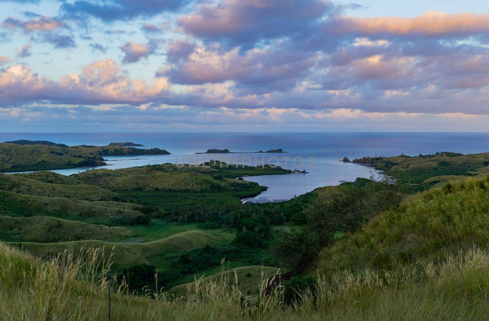 Top view of Nacula island at sunset, Yasawa island group, Fiji, South Pacific islands