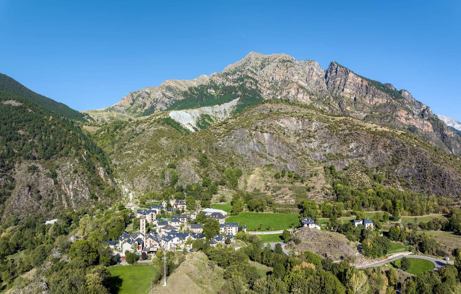 Erill la Vall panoramic aerial view, in the Vall de Boi, Lleida Catalonia Spain