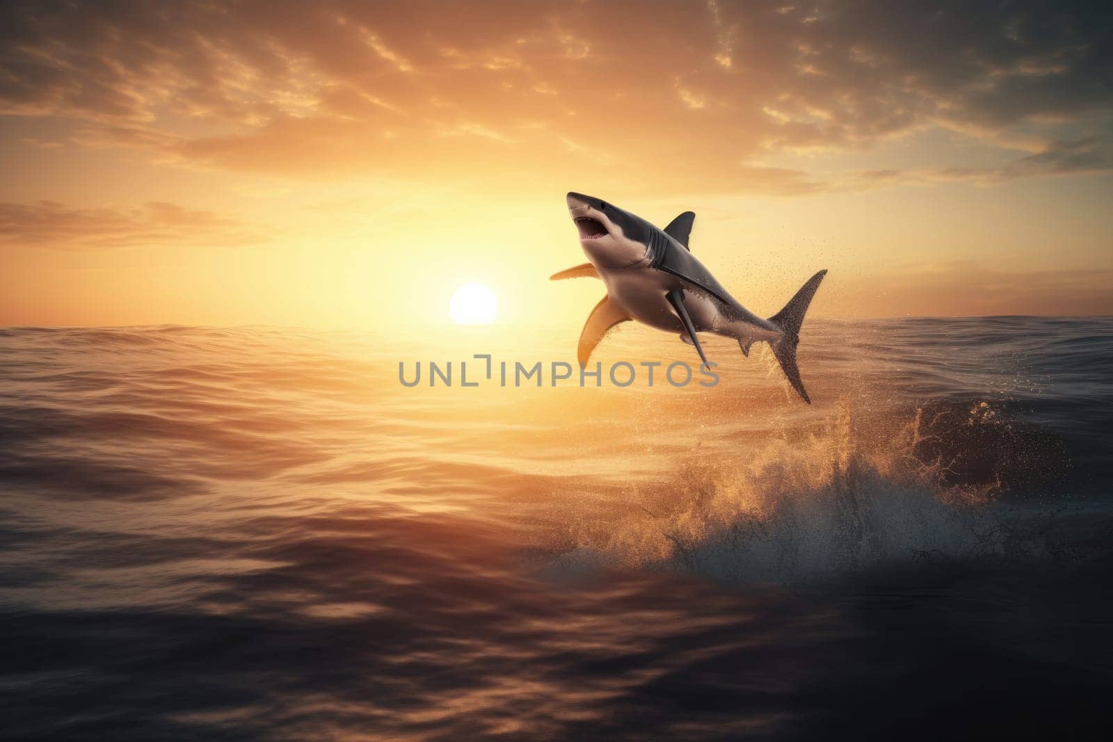 Witness the thrill of a shark jumping out of the water during a breathtaking sunset in this stunning stock photo. AI Generative.