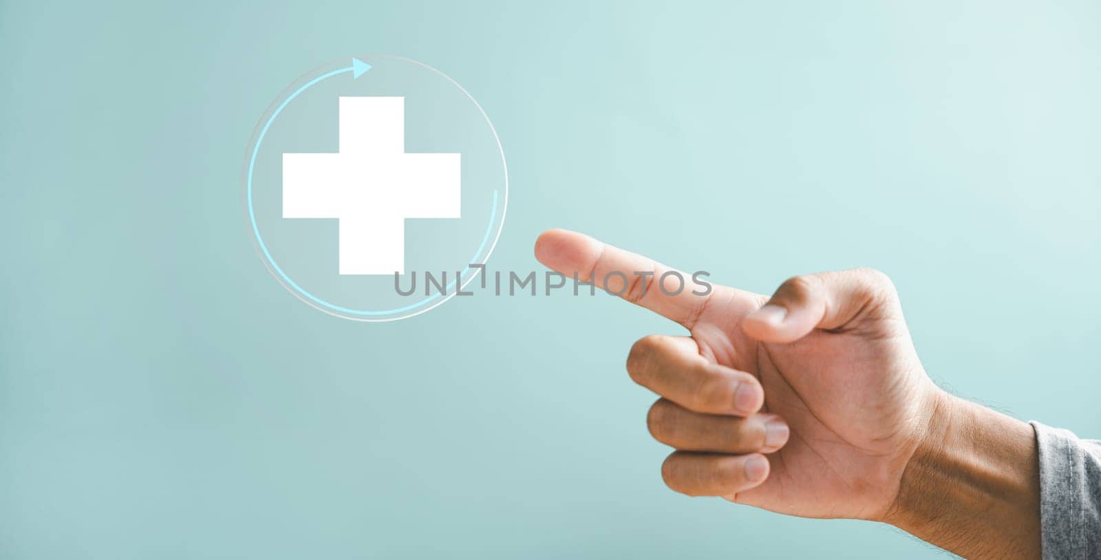 Health, medicine, and insurance fortify family business concept. A hand touches plus icon, shedding light on healthcare influence. Highlights hospital access and welfare health service growth.