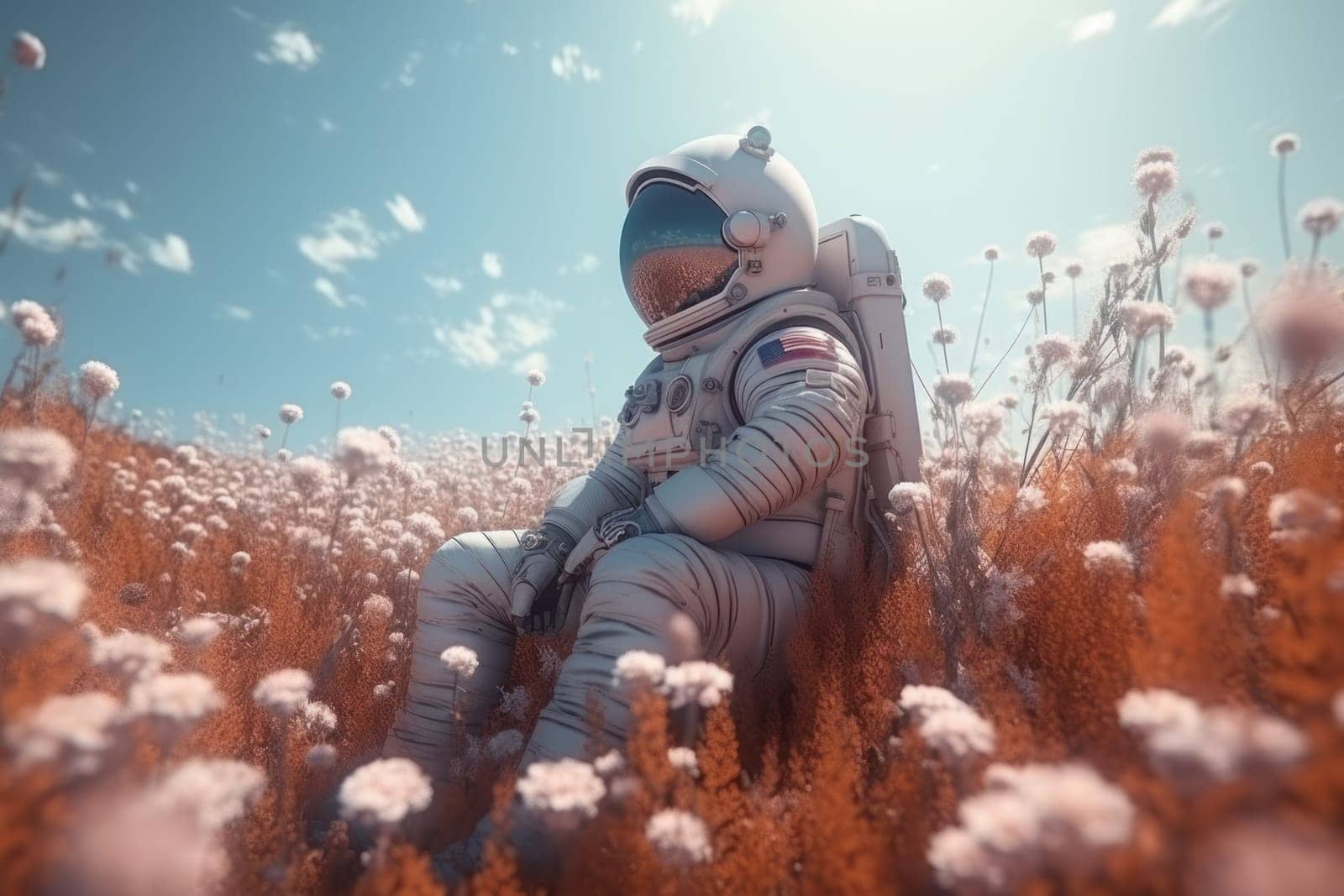 Embark on intergalactic adventure with an astronaut in a space suit exploring a field of colorful flowers and encountering a butterfly. Perfect for science fiction and fantasy concepts. AI Generative.