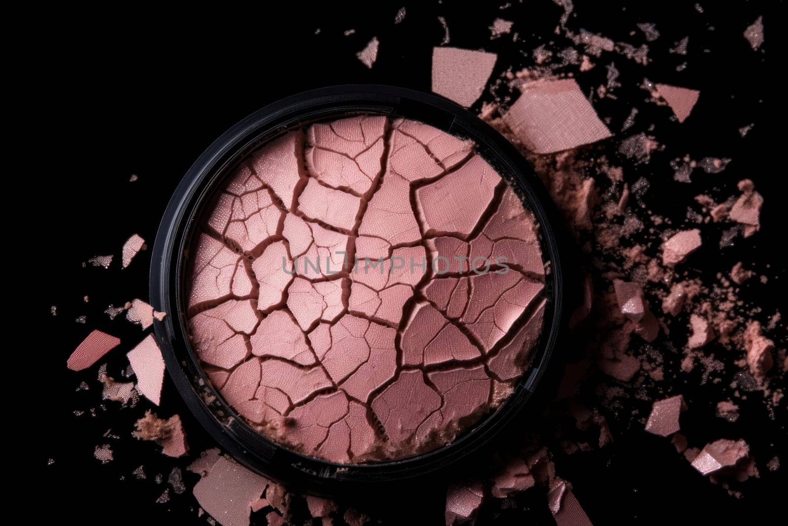 Round beige face powder and eyeshadow with brush for makeup on white background. AI Generative.