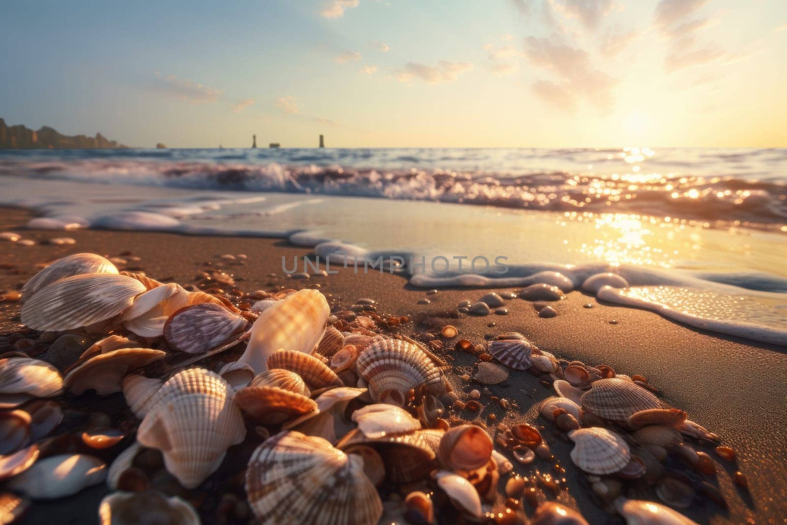 A collection of seashells on a sandy beach creates a scenic horizon view perfect for outdoor enthusiasts and nature lovers. The beauty of nature is captured in this coastal landscape. AI Generative.