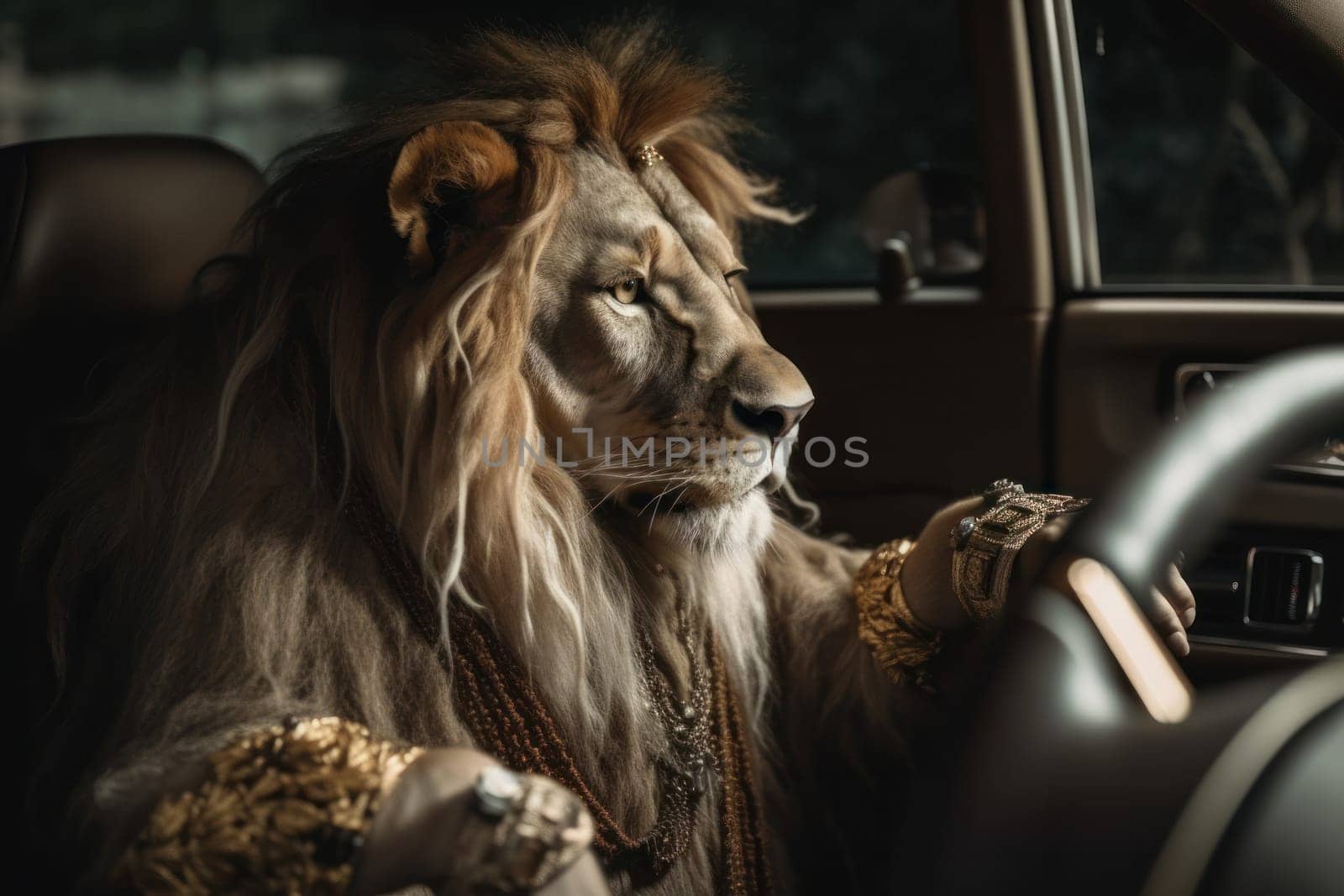 Looking for an adventure of a lifetime? Join the lion king in the car seat and explore the beauty of nature and wildlife on a thrilling safari tour. Don't miss this opportunity Generative AI