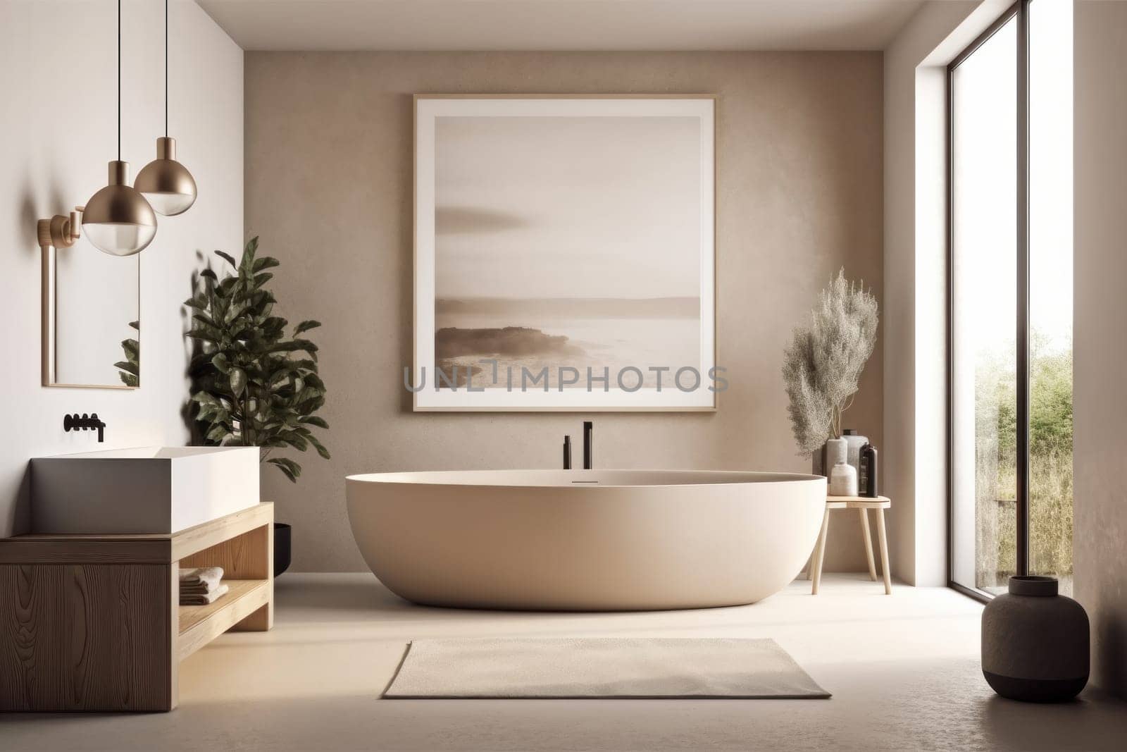Upgrade your self-care routine with this stunning bathroom complete with a stylish sink and inviting soaking tub. AI Generative.