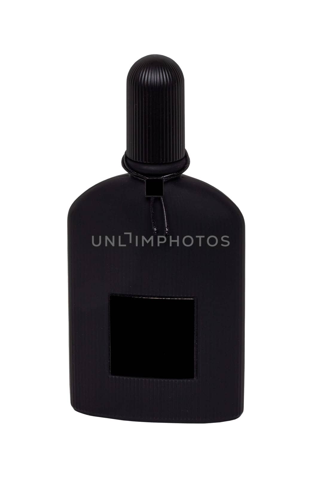Cosmetic labels. Close-up of a black elegant male parfum glass bottle with empty black label isolated on a white. Clipping path. Copy space. Adbvertising. Macro.