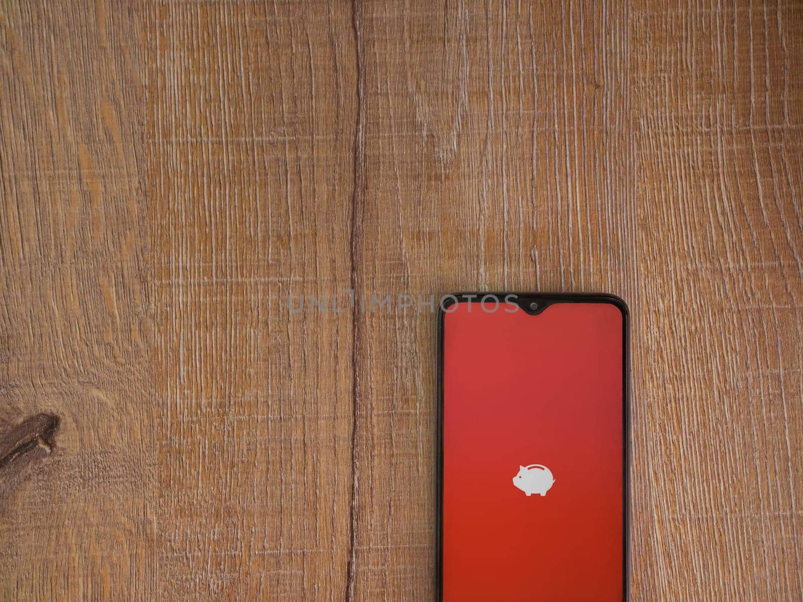 Lod, Israel - July 16,2023: Money Manager Expense & Budget app launch screen on smartphone on wooden background. Top view flat lay with copy space.