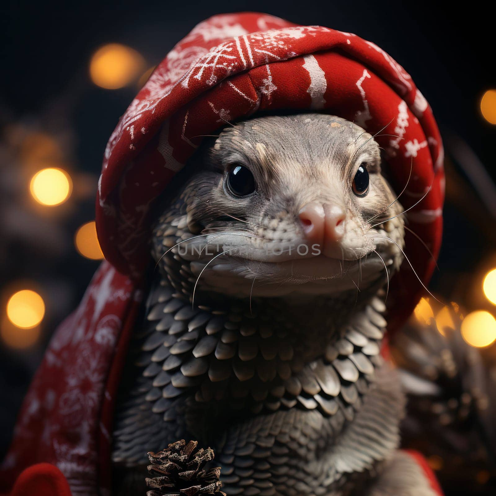 cute little dragon in a red Christmas cap against the background of festive New Year's illumination. Generative AI