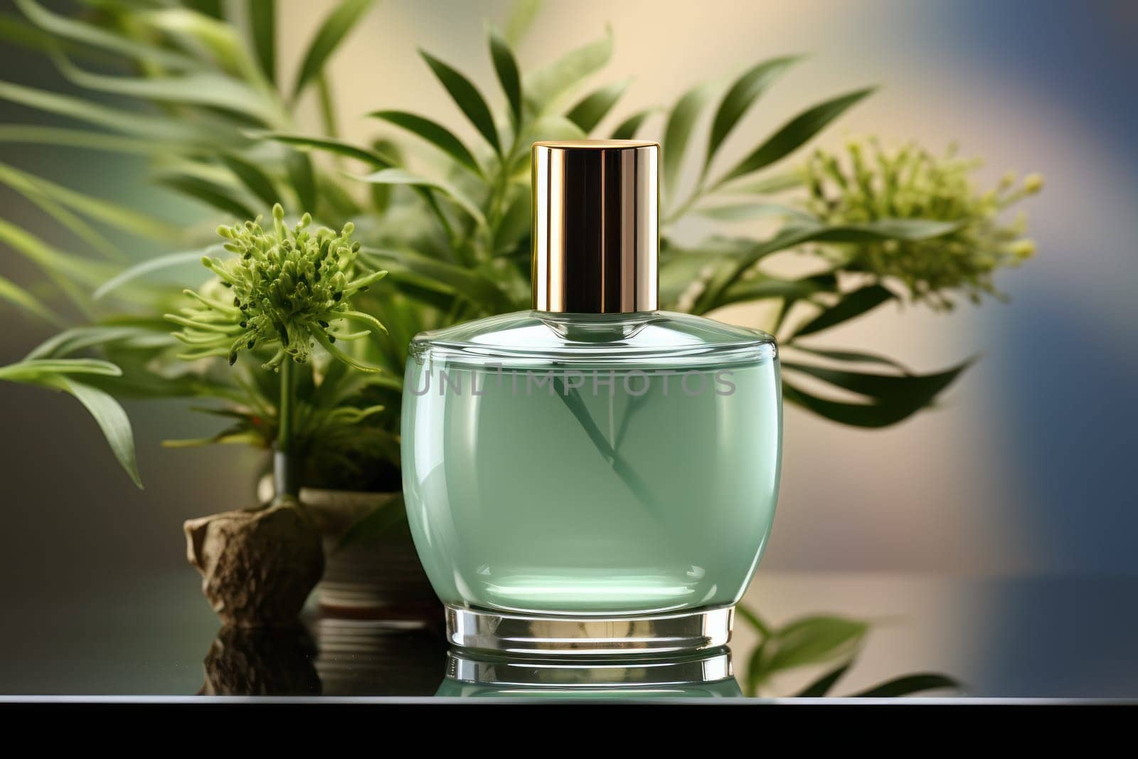 Cosmetic glass bottle of luxury product on blurred eco background. product presentation, demonstration of cosmetic products.Modern stylish bottle.Generative AI