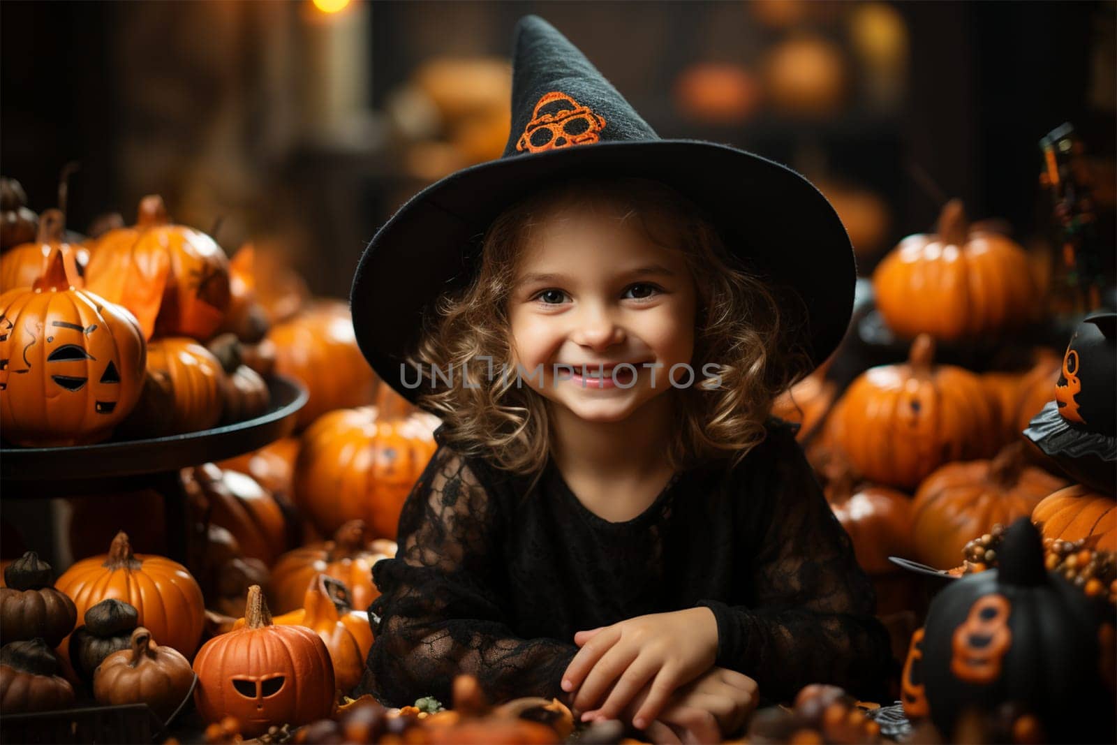 little witch in a costume and hat with pumpkins at night for Halloween, children's Halloween, dark background.Generative AI