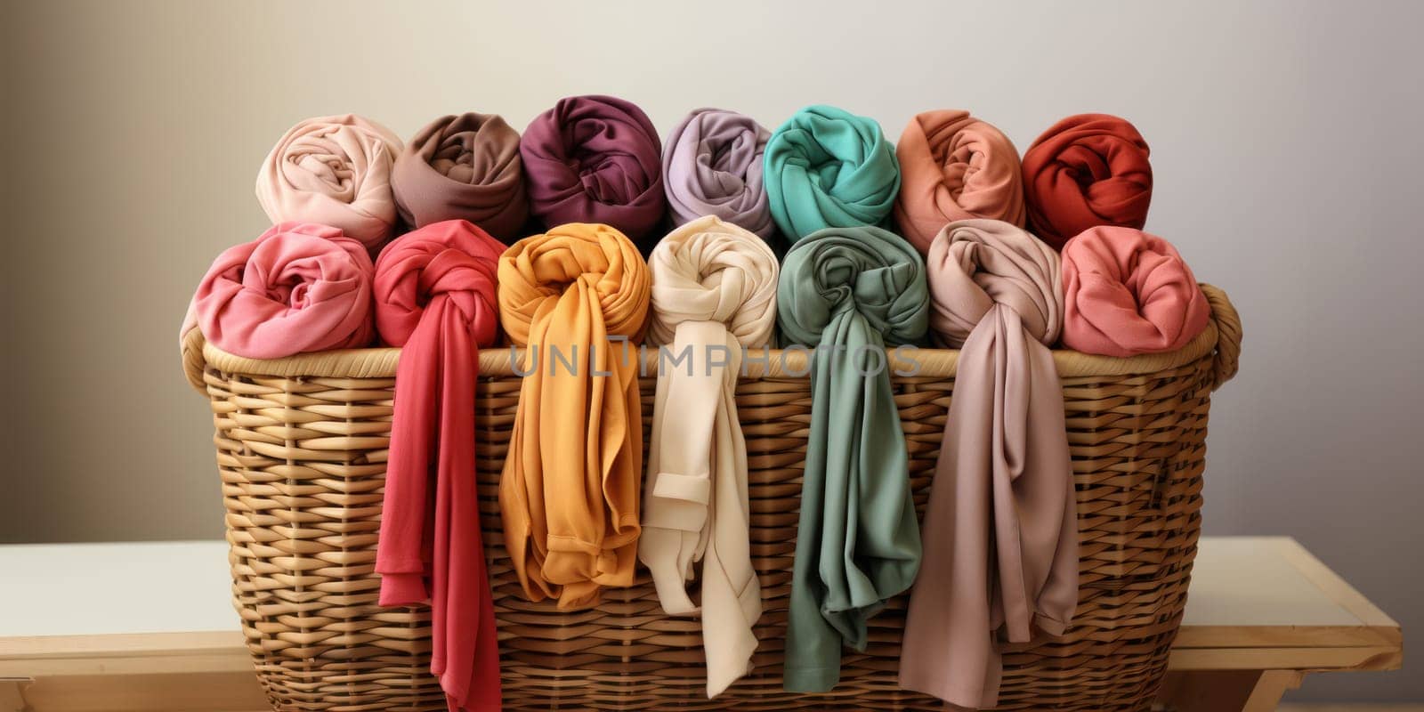 Veils and scarves in a basket, made of comfortable cotton in several color options.Generative AI
