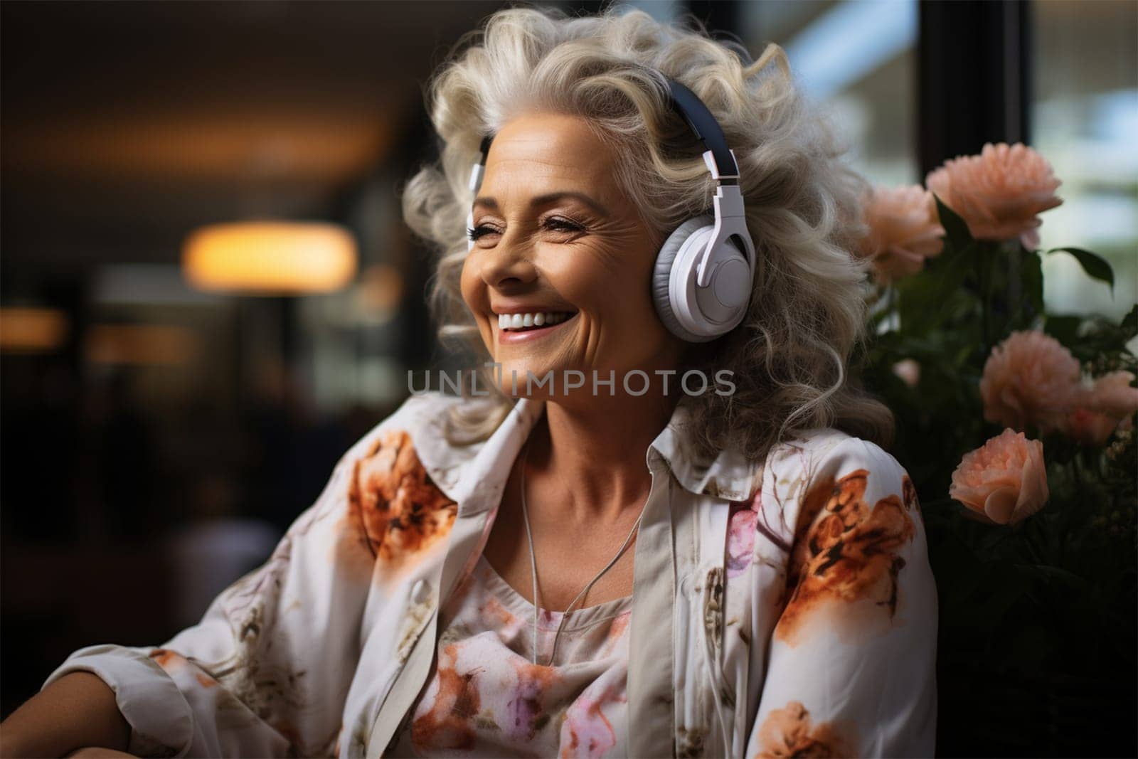 happy senior woman in headphones surrounded by flowers on the veranda .Generative AI
