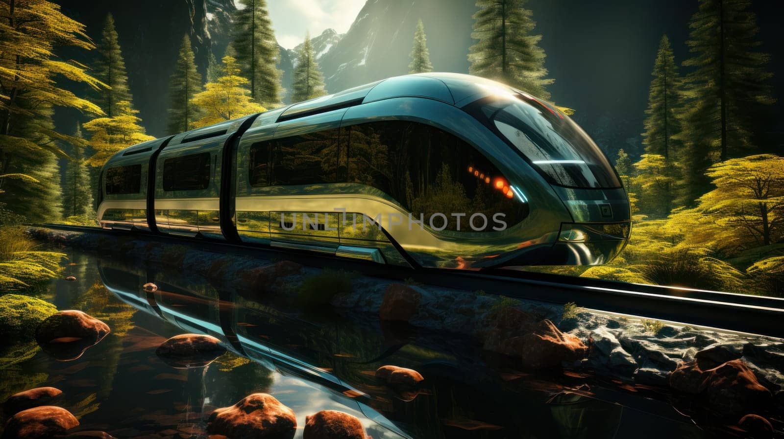 Futuristic high speed express passenger train. Logistics and technologies of the future.eco-friendly solar-powered technologies.Generative AI