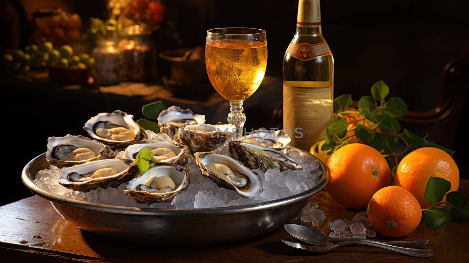 A platter of fresh oysters on a bed of ice. Oysters with lemon and wine. Food in a restaurant .Generative AI