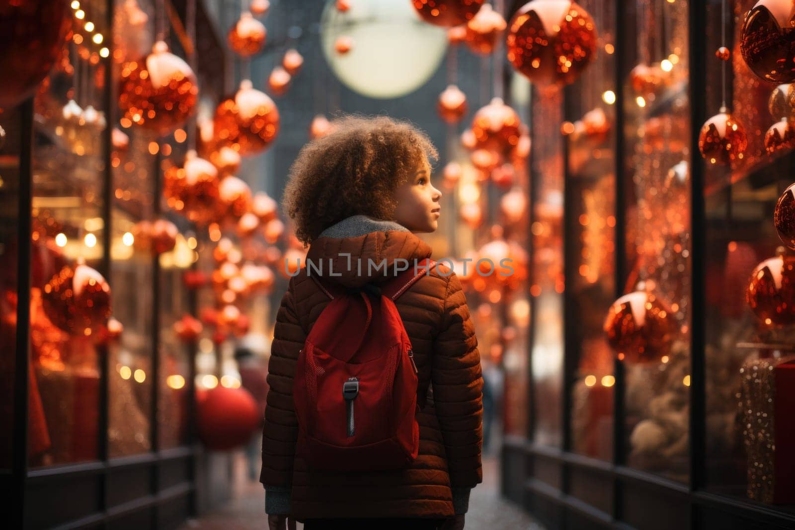 little girl looking through a display window at Christmas decorations and gifts in a store.Generative AI