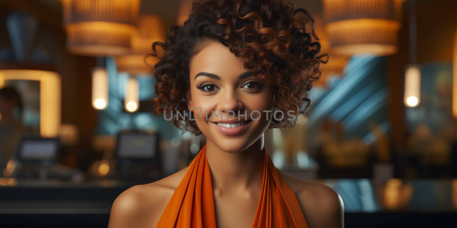 portrait of a young beautiful light-skinned African American woman on a blurred background.Generative AI