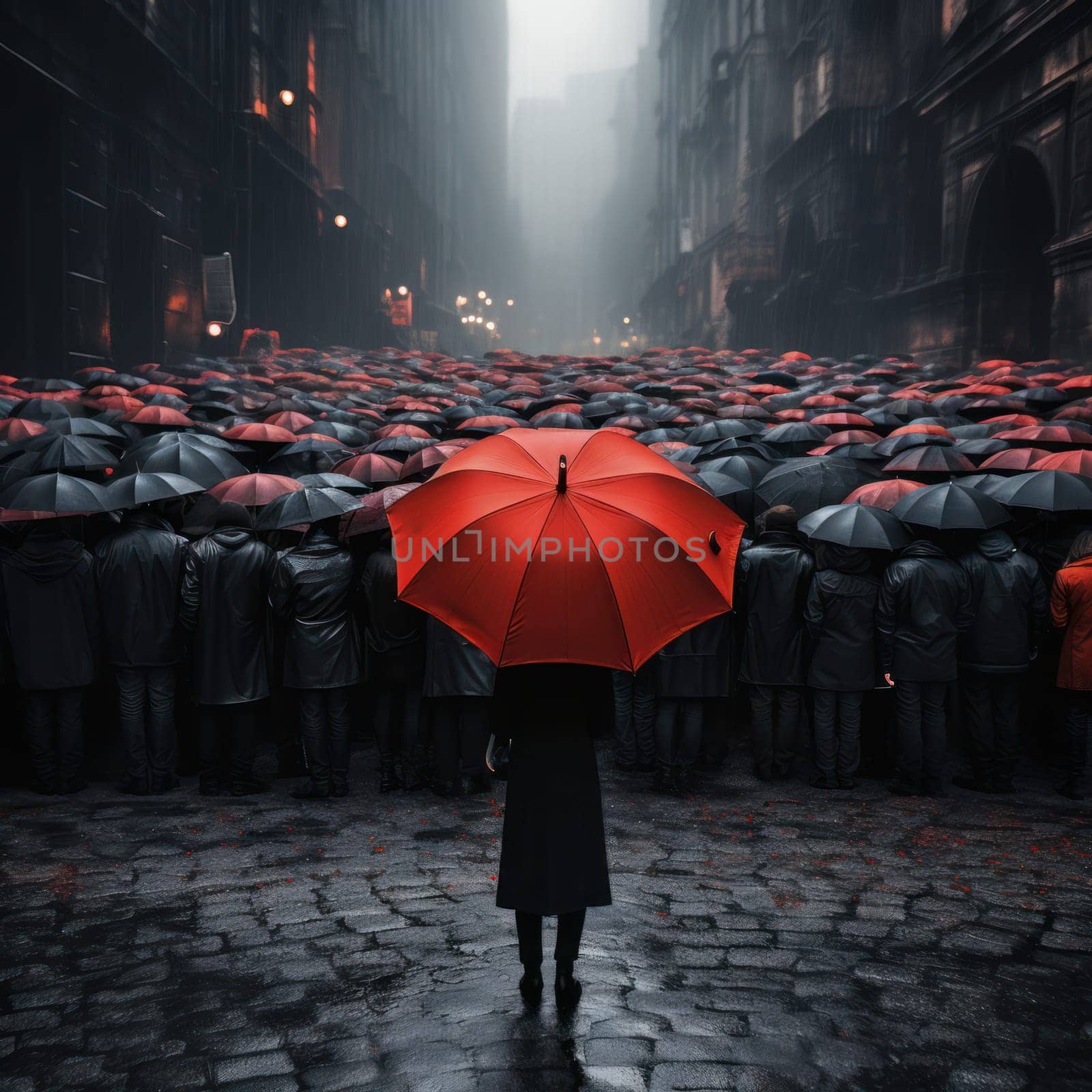 A conspicuous red umbrella among many dark crowds. The concept of confrontation and individuality.Business for innovative, creative, new ideas, solutions for change and different vision concepts.Generative AI