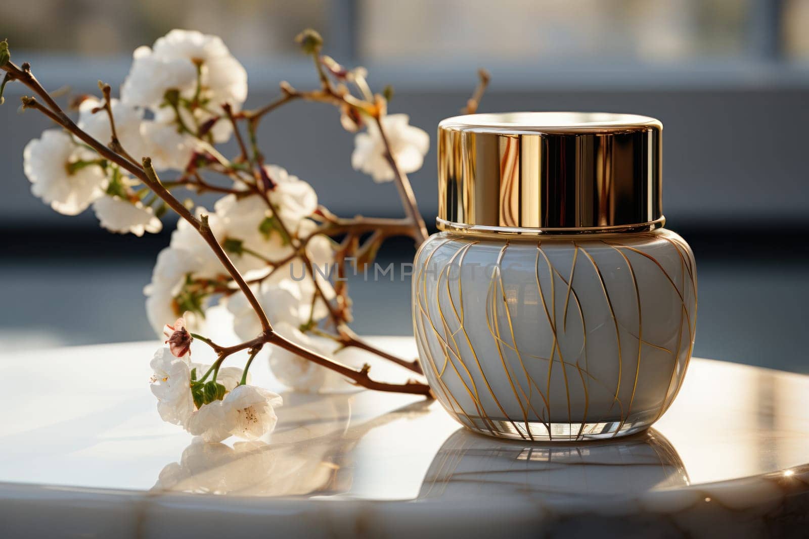 Cosmetic crystal bottle inlaid with gold of a luxury product with white fresh flowers. product presentation, demonstration of cosmetic products. Modern stylish luxury bottle,Generative AI