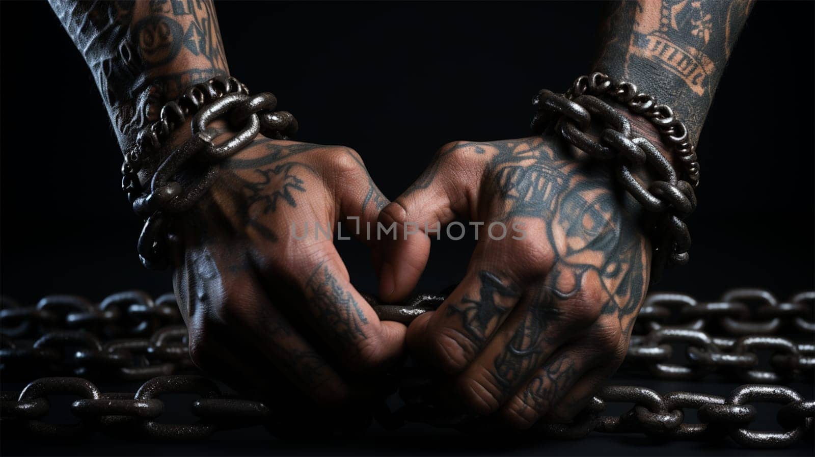 hands of a man in chains. Anti-slavery and illegal imprisonment concept .Generative AI