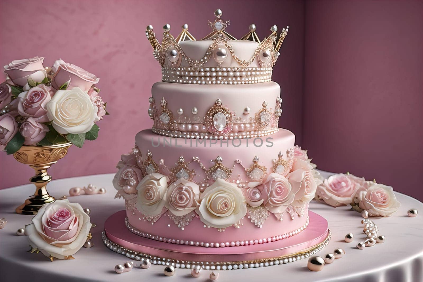 Wedding cake decorated with pink roses and gold crown on the table. ai generative