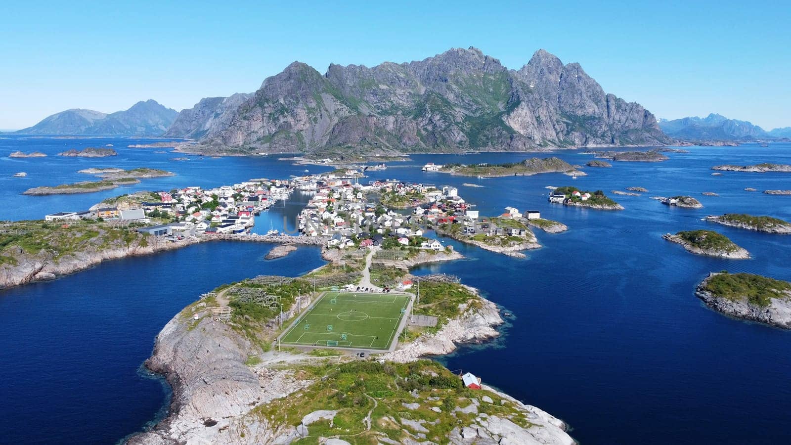 Drone photo of Henningsvær in Lofoten in Norway