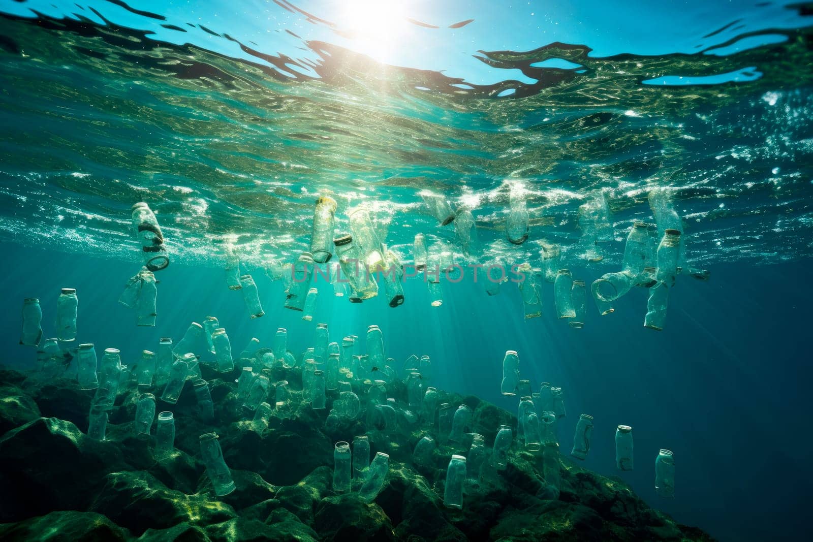 Plastic pollution in Ocean. Underwater with garbage floating on a sea - environmental problem. Plastic bottles and bags pollution in ocean. AI generated