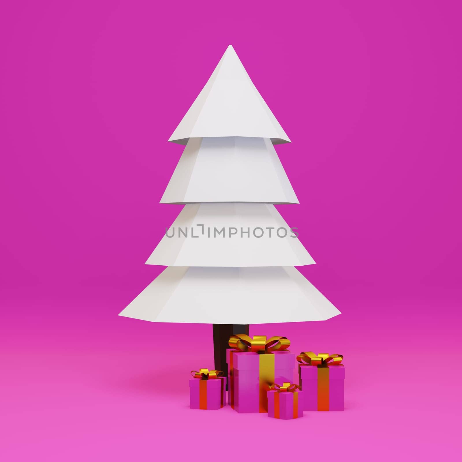 Pink Christmas gift boxes with a golden ribbon and bow on a pink background, 3d rendering