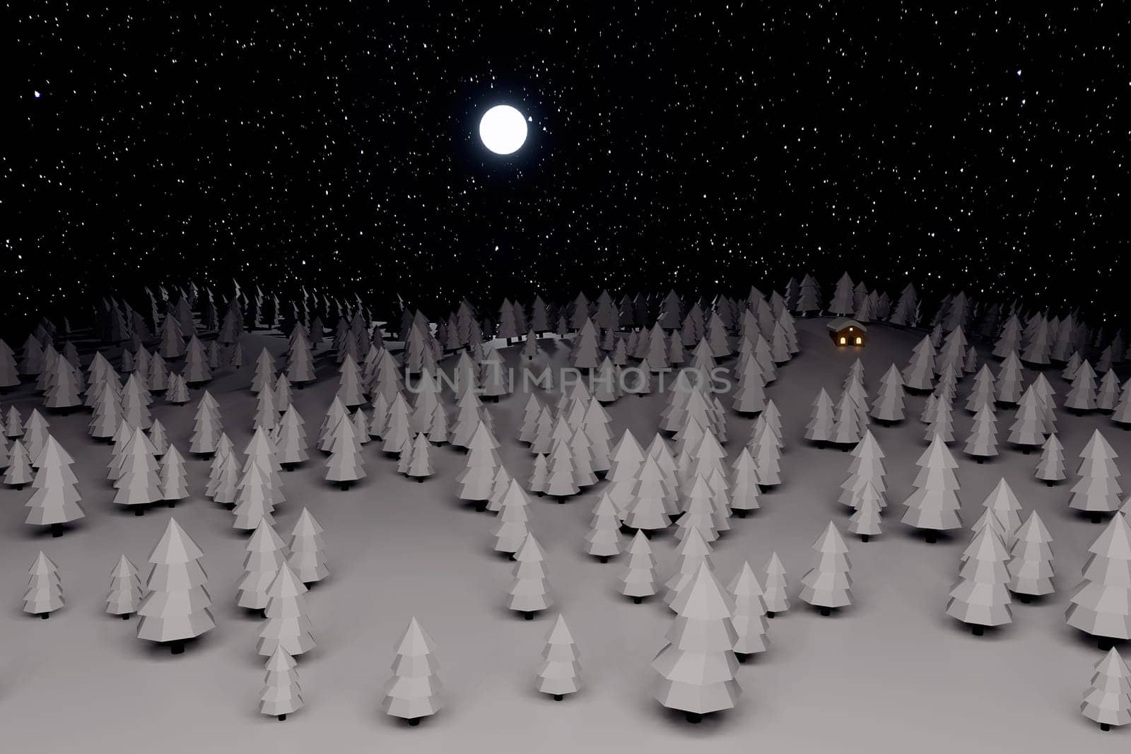 Starry winter night, 3d rendering, holy night, Christmas time, winter scene, low poly objects
