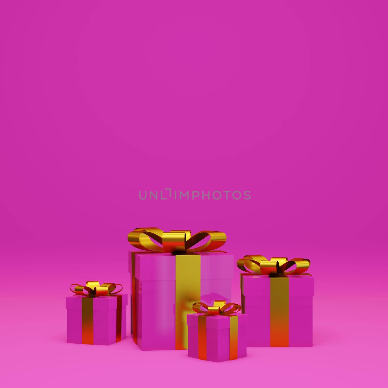 Pink Christmas gift boxes with a golden ribbon and bow on a pink background, 3d rendering