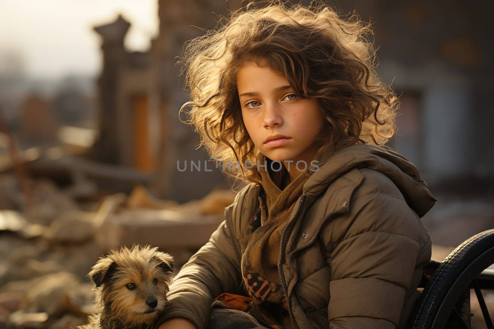 Disabled young woman with a dog in a wheelchair, destroyed, bombed houses, lonely teenager girl injured in a war or after an earthquake