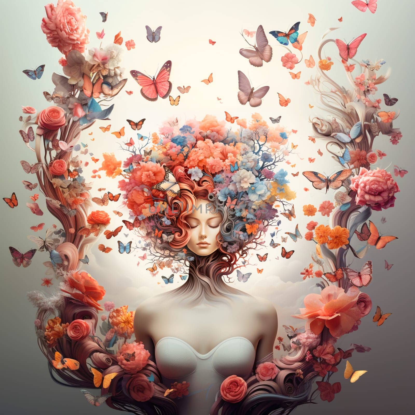 Human brain with flowers and butterflies, self esteem and mental health concept, positive thinking, woman with creative mind